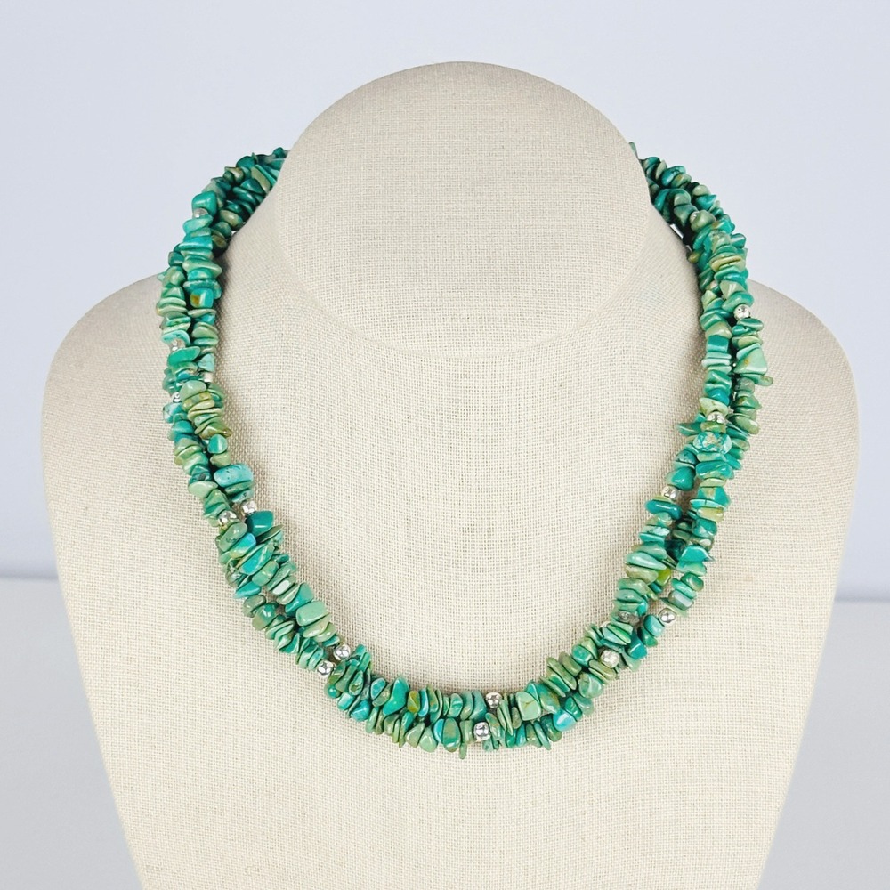 Striking Vintage Green Blue Turquoise Multi Strand Chip Bead Necklace Silver 70s